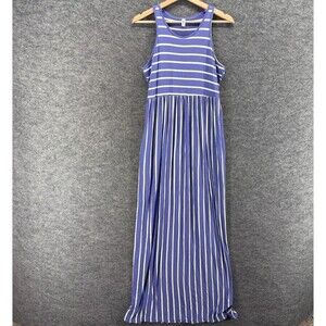 Euovmy Dress Women L Large Blue Striped Maxi Long Rayon Sleeveless Round Neck